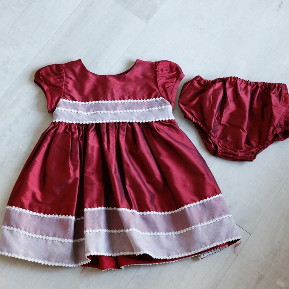 Girl's Red Shantung Silk Dress 18/24 Month Ivory Trim Special Occasion Portrait - Picture 3 of 8